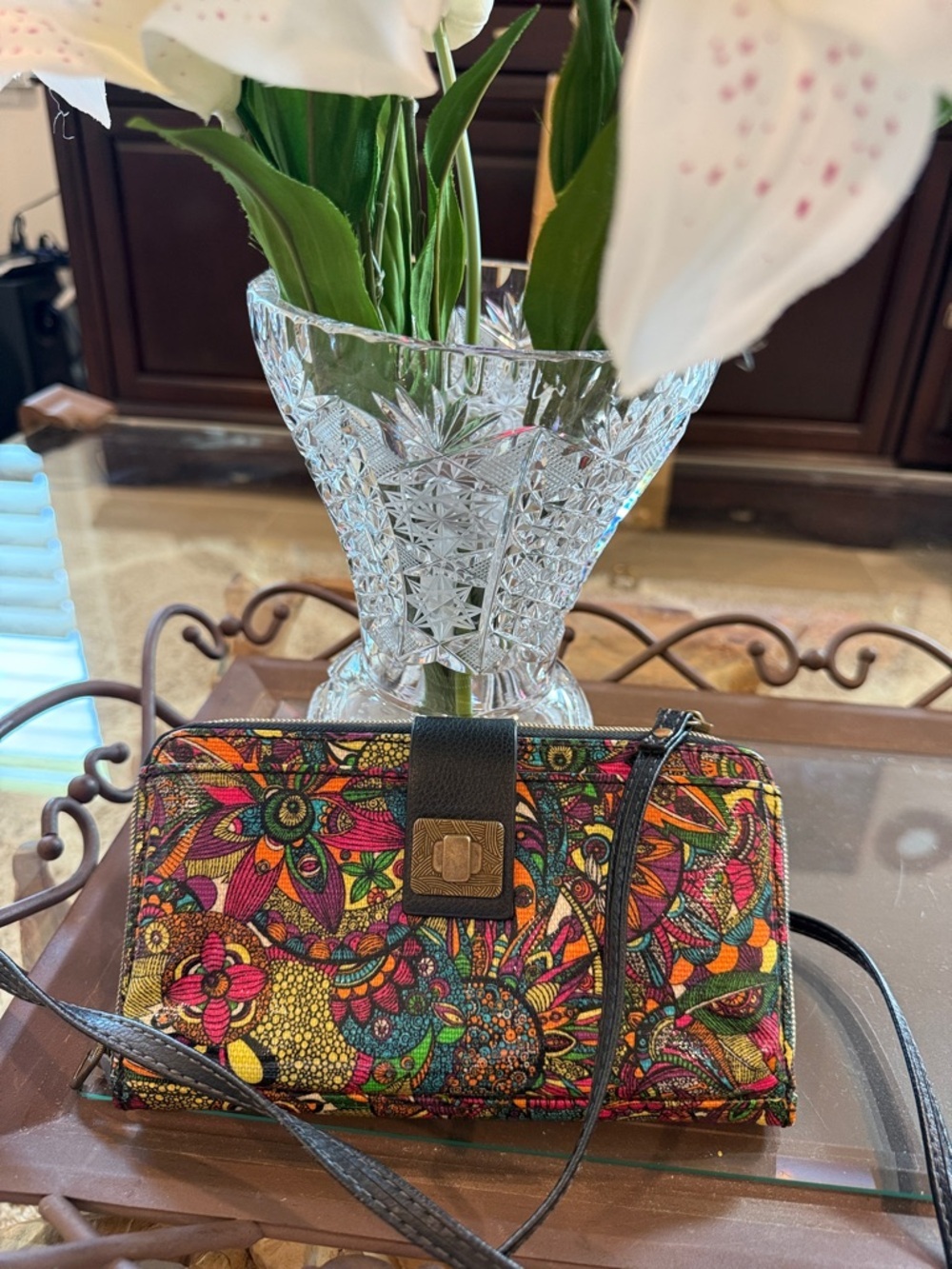 Sakroots Multicolor Print Crossbody/ Cellphone Holder with Black Strap